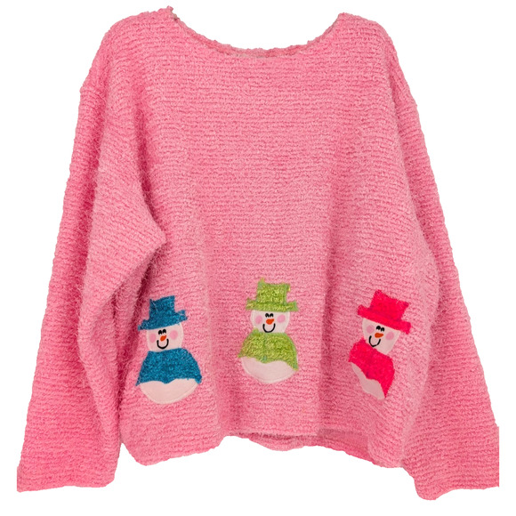 VTG 90s Shane Lee Pink Chenille Neon Snowman Whimsical Holiday Sweater 2XL - Picture 1 of 10